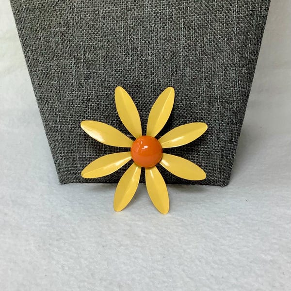 Vintage Yellow Enamel Flower Brooch Pin Jewelry Large Chunky Metal Dimensional Flower Yellow Petals Orange Center Daisy Floral Corsage