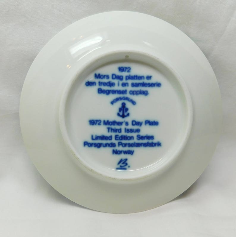 1972 Porcelain Small Plate Limited Third Issue Porsgrunds Norway Blue White Boy in Tree Deer Fawn Flower Gift Mothers Day Vintage Mors Dag