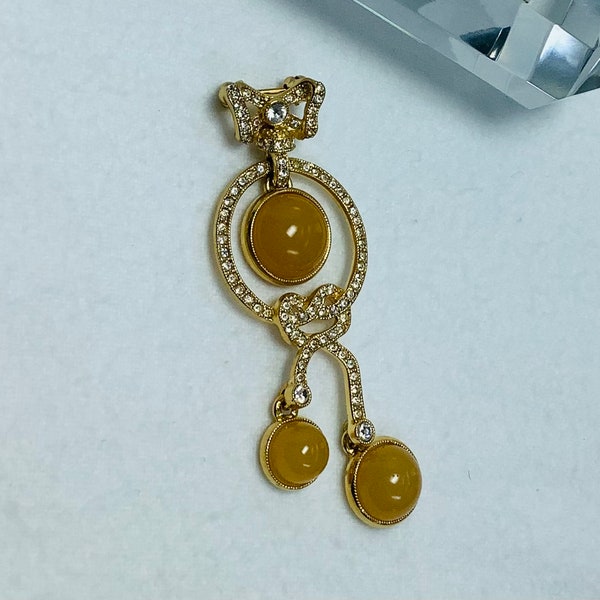Vintage Yellow Jasper Rhinestone Brooch Pin Joan Rivers Signed Designer Jewelry Gold Tone Bow Dangle Cabochon Charm Romantic Love Gift Her