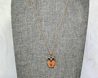 Vintage Orange Owl Pendant Necklace Sarah Coventry Designer Jewelry Small Gold Tone Black Crystal Eyes Enamel Bird Wise Wisdom Fall Charm