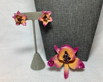 Vintage Pink Orchid Ladybug Brooch Earring Set Joan Rivers Signed Designer Jewelry Large Metal Flower Pink Yellow Purple Enamel Rhinestones