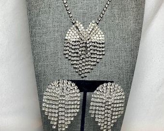 Vintage Rhinestone Necklace Earrings Matching Set Fashion Jewelry Large Silver Tone Glamour Fancy Dangle Party Celebration New Years Gift