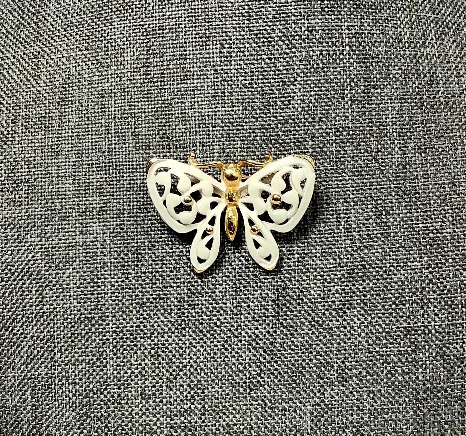 Vintage White Enamel Butterfly Brooch Pin Jewelry Gold Tone Body White Wings Bug Moth Hope Transformation Freedom Rebirth Gift Her Wife