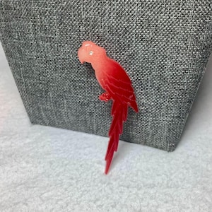 Vintage Red Parrot Brooch Pin Made in Italy Signed Jewelry Celluloid Resin Red Pink Rhinestone Eye Perched Exotic Bird Animal Gift Her Wife