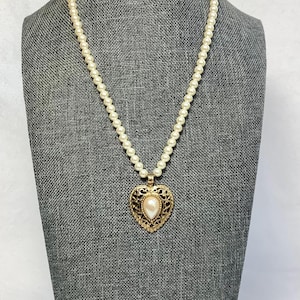 Vintage Faux Pearl Heart Shape Pendant Necklace Jewelry Gold Tone Ornate Filigree Victorian Romantic Love Gift Her Wife Bride Bridesmaid