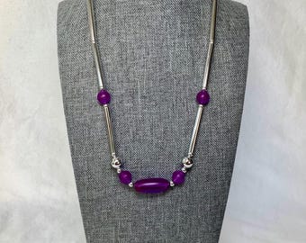 Vintage Purple Silver Necklace Sarah Coventry Signed Designer Jewelry Silver Tone Tube Chain Acrylic Purple Beads Glamour Fashion Statement