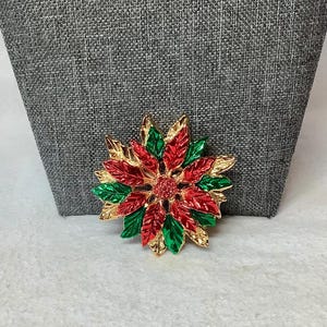 Vintage Christmas Poinsettia Brooch Pin Jewelry Red Green Gold Tones Painted Enamel Flower Festive Holiday Season Party Elegant Gift Her