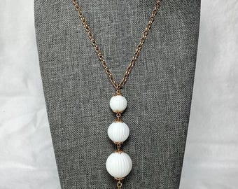 Vintage White Ball Tassel Pendant Necklace Sarah Coventry Signed Designer Jewelry Gold Tone Chain Cascade White Ribbed Acrylic Beads Retro