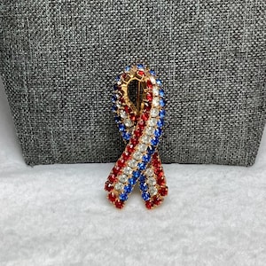 Vintage American Flag Ribbon Brooch Pin Jewelry Large Red White Blue Rhinestones American Patriotic Patriot Military Support Gift Her Him
