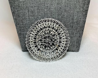 Vintage Medallion Brooch Pin Sarah Coventry Cov Signed Designer Jewelry Silver Tone Large Round Circle Abstract Wreath Retro Glamour Elegant