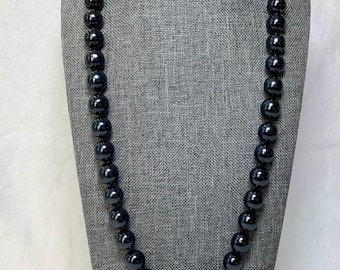Vintage Black Bead Knotted Necklace Joan Rivers Signed Designer Jewelry Chunky Charcoal Tone Faux Pearl Glamour Elegant Sliver Tone Closure