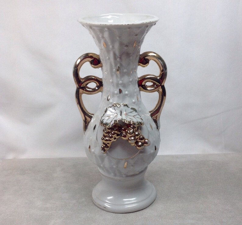 Vintage Ucagco While Gold Grape Leaves Double Handle Vase Etsy