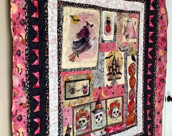 Halloween Quilt Cotton Quilted Blanket Handmade Witch Ghost Skull Pumpkins Bat Haunted House Black Purple Orange Pink Spooky Completed Gift