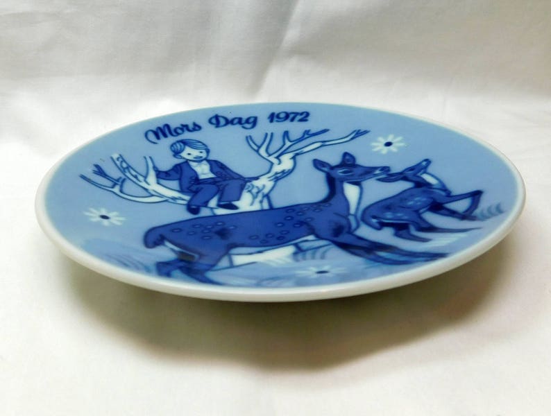 1972 Porcelain Small Plate Limited Third Issue Porsgrunds Norway Blue White Boy in Tree Deer Fawn Flower Gift Mothers Day Vintage Mors Dag