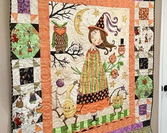 Halloween Witch Quilt Handmade Cotton Quilted Blanket Whimsey Ghoul Friends Owl Pumpkins Gourds Moon Stars Orange Purple Green Completed