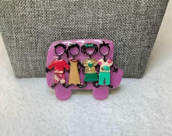 Vintage Bus Brooch Pin Designs by Lucinda Signed Designer Jewelry Purple Bus Van Shape People Children Riding Vehicle Lucinda House Pin