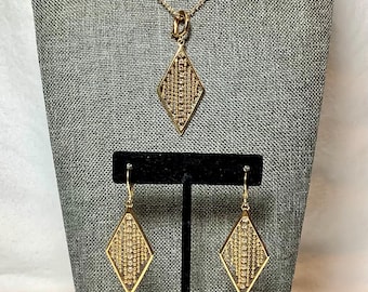 Vintage Gold Rhinestone Necklace Earring Set Joan Rivers Signed Designer Jewelry Gold Tone Diamond Shape Dangle Chains Retro Glamour Fashion