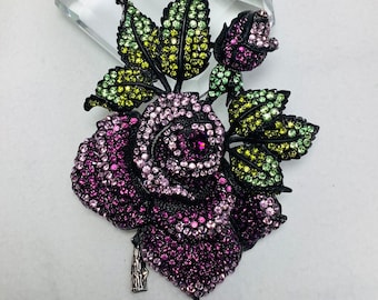 Vintage grand cristal violet Rose broche broche bijoux multi vert strass fleur ton or romantique amour mariage corsage cadeau sa femme maman