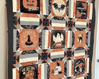 Halloween Quilt Handmade Cotton Quilted Blanket Orange Black Cat Ghost Skull Spiders Pumpkin Witch Skeleton Haunted House Completed Gift