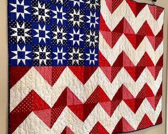 American Flag Quilt Handmade Star Spangled Chevron Flag Design USA Patriotic America Red White Blue Stars Stripes Military Gift Completed