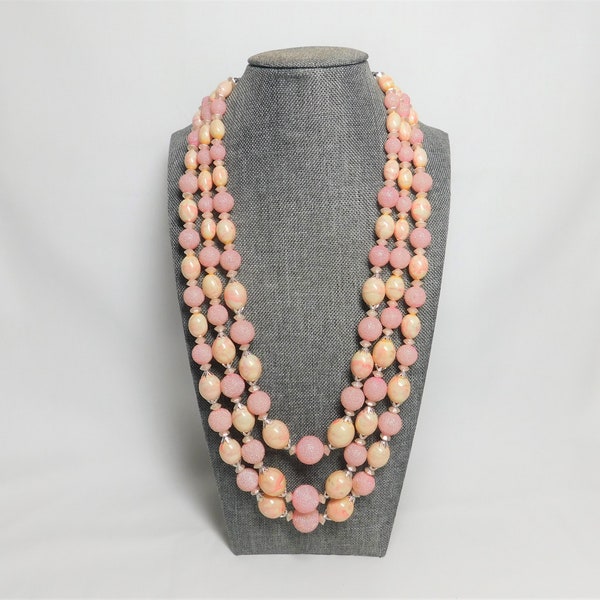 Vintage Hong Kong Pink Necklace Sign Jewelry Frosted Round Beads Acrylic Peach Pink Swirl Three Strands Costume Fashion Gift for Her