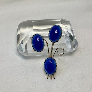 Vintage Blue Abstract Flower Brooch Pin Jewelry Large Art Floral Design Oval Blue Sliver Tone Stems Style Statement Piece Gift For Her