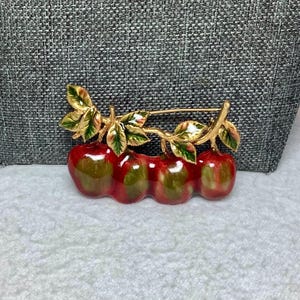 Vintage Enamel Red Apples on Branch Brooch Pin Jewelry Gold Tone Tree Limb Hanging Fruit Fall Autumn Harvest Holiday Gift Her Wife Teacher