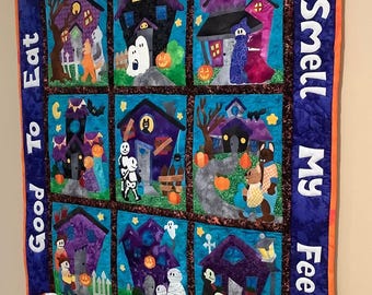 Handmade Halloween Quilt Trick Treat Quilted Cotton Wall Hanging Throw Applique Embroidery Haunted House Skeleton Ghost Dracula Candy Corn