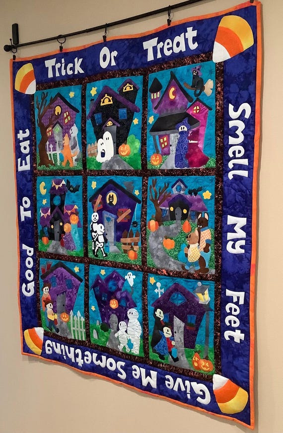 Handmade Halloween Quilt Trick Treat Quilted Cotton Wall Hanging Throw Applique Embroidery Haunted House Skeleton Ghost Dracula Candy Corn