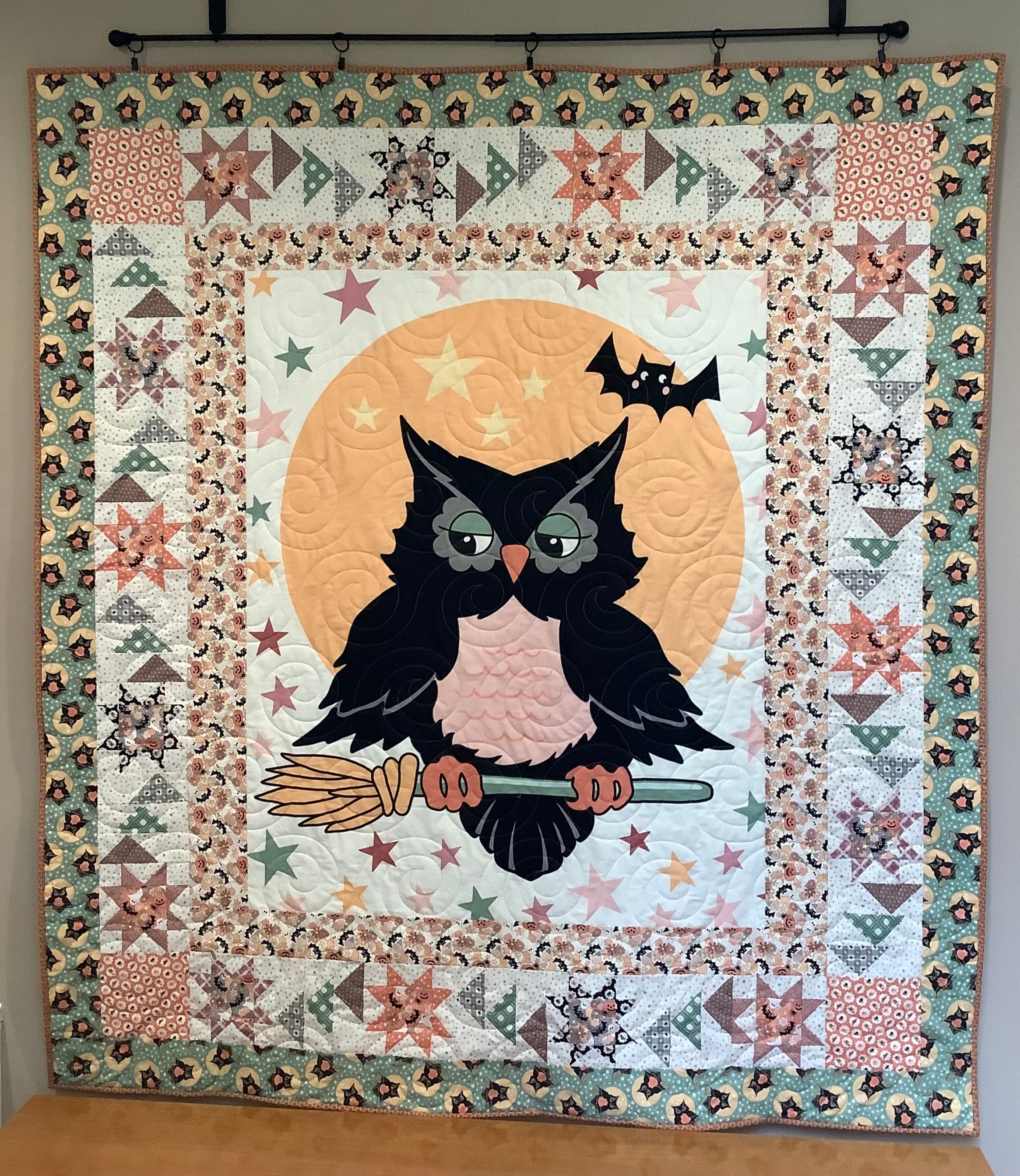 Custom Halloween Whimsy Owl Quilt Completed Finished Handmade Quilted Blanket Bats Stars Broomstick 