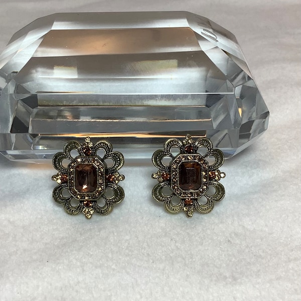 Vintage Brown Rhinestone Avon Pierced Earrings Signed Jewelry Topaz Brown Taupe Tone Beads Bronze Romantic Love Birthday Bridal Gift for Her