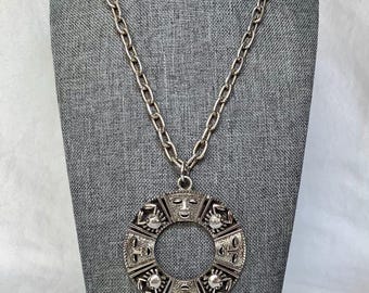 Vintage Zodiac Pendant Necklace Sarah Coventry Signed Designer Jewelry Large Chunky Silver Tone Birth Signs Fortune Stars Moon Statement