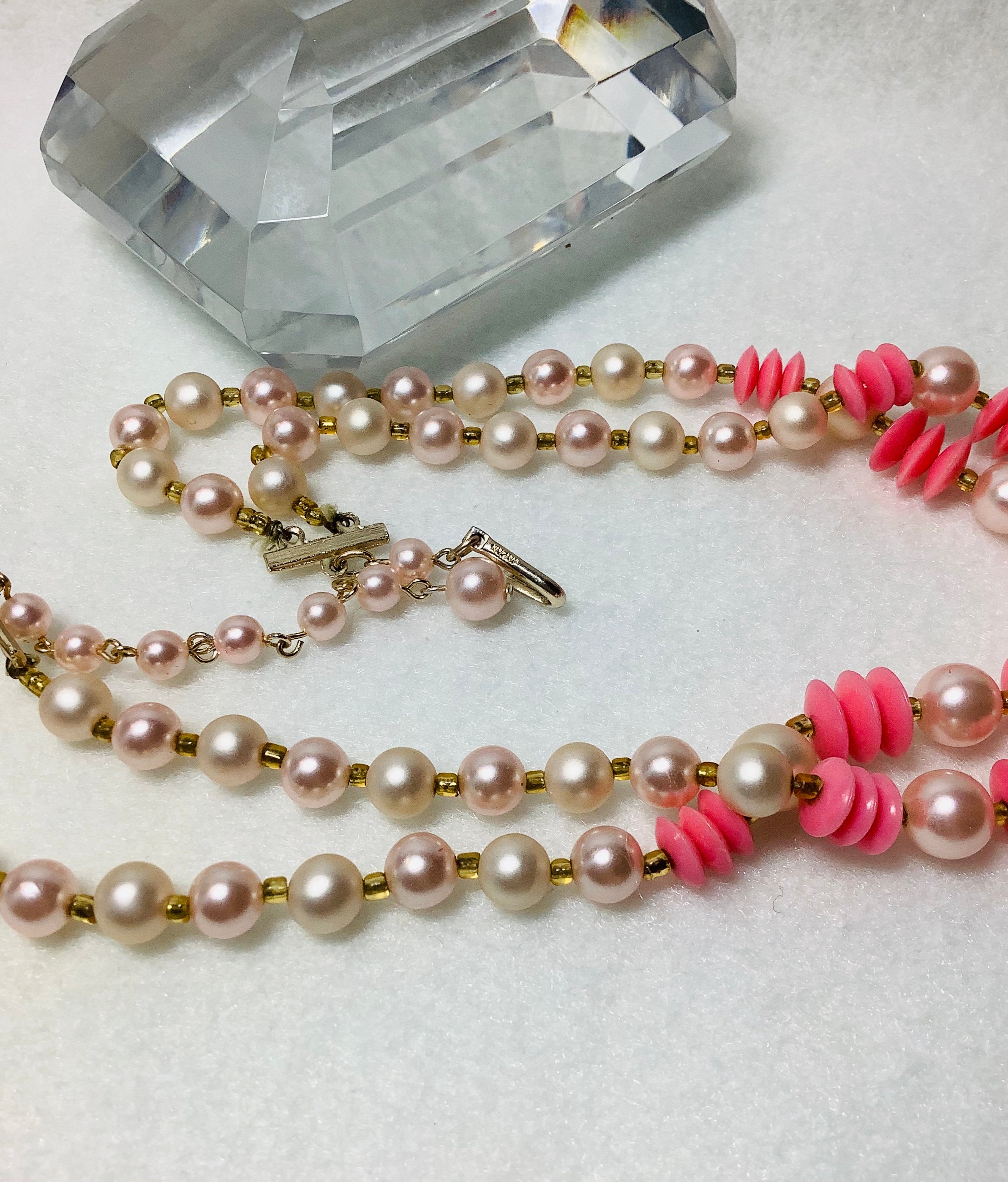 Vintage Necklace Pink Bead Japan Signed Jewelry Two Double