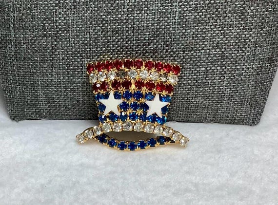 Vintage Patriotic Rhinestone Hat Brooch Pin Jewelry Gold Tone Red White Blue Enamel Stars America Patriot Military Vote Gift Her Wife Him