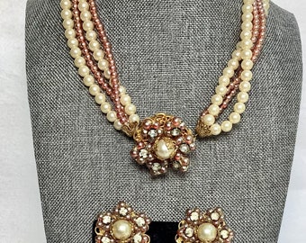 Vintage Pearl Rhinestone Necklace Earrings Matching Set Designer Jewelry Faux Pearl Pink Ivory Rose Flower Gold Tone Romantic Gift Her Wife
