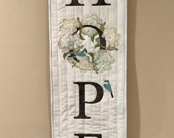 Hope Wall Hanging Quilt Completed Handmade Mckenna Ryan Quilted Home Decor Bluebird Blue Birds Wreath White Hydrangeas Flowers Gift Her Wife