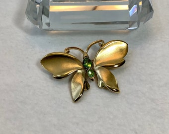Vintage Gold Green Rhinestone Napier Butterfly Brooch Pin Signed Jewelry Matte Gold Tone Cut Glass Rhinestone Elegant Love Gift for Her