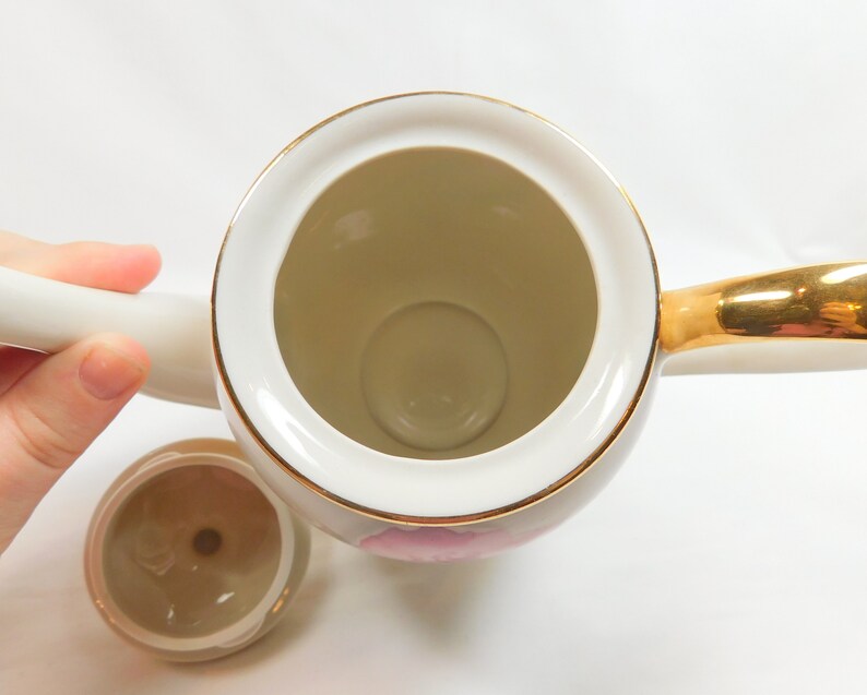 Vintage Pink Rose Teapot Large Flower Floral Gold Painted Handle Spout Trim Footed Porcelain Tea Pot Serving Formal Dining Wedding Decor