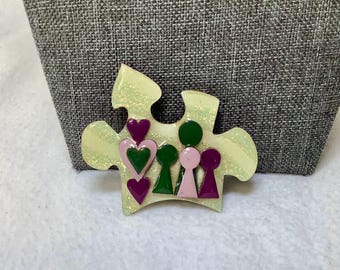 Vintage Puzzle Piece Brooch Pin Designs by Lucinda Signed Designer Jewelry Sparkle Yellow Green Purple Pink People Hearts Puzzle Shape