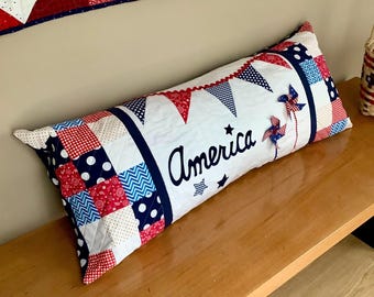 America Pillow Handmade Quilt Quilted Cotton Long Pillow Red White Blue Patriotic American July 4th Independence Day Military Gift Completed