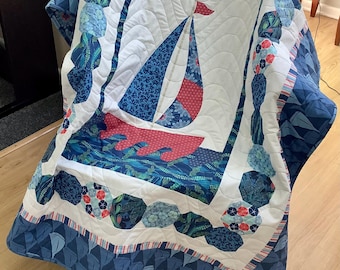 Handmade Sailboat Quilt Cotton Fabric Quilted Blanket Throw Completed Nautical Sailing Boat Catamaran Yacht Schooner Ship Red White Blue