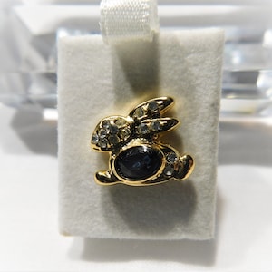 Vintage Bunny Rabbit Tack Pin Jewelry Blue Clear Rhinestone Gold Tone Animal Pet Easter Collar Tie Scatter Pin Brooch Gift for Him Her