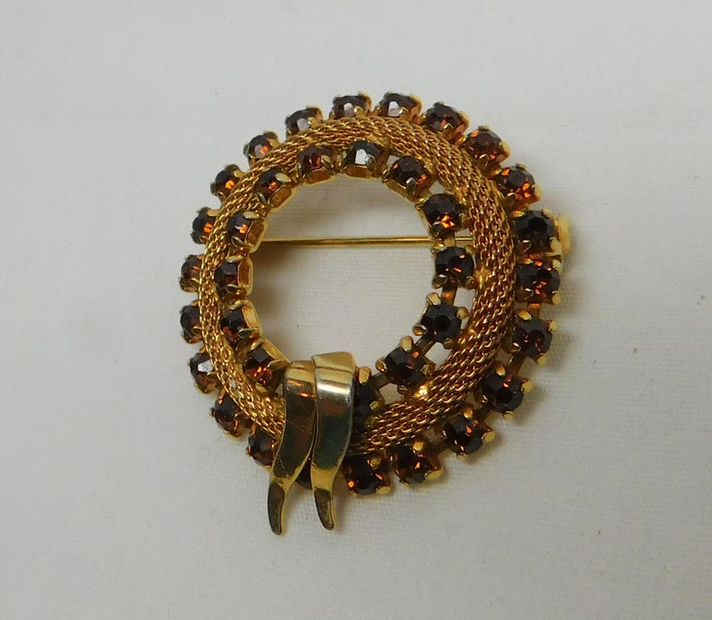 Vintage Austria Wreath Brooch Pin Signed Jewelry Facet Cut Glass Amber Rhinestone Gold Rope Weave Ribbon Round Circle Bride Gift For Her image 2