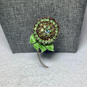 Vintage Green Rhinestone Flower Brooch Pin Signed Designer Jewelry Gold Tone Filigree Enamel Crystal Round Ball Floral Gift  Wife Her Wife