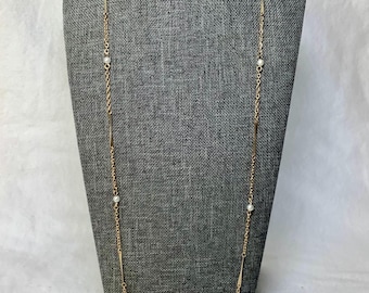 Vintage Gold Pearl Necklace Sarah Coventry Signed Designer Jewelry Long Gold Tone Chain White Faux Pearl Beads Elegant Glamour Dainty Gift