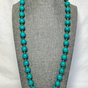 Vintage Teal Bead Necklace Signed Jewelry Gold Tone Classy Classic Long Large Beads Resin Plastic Chunky Gift For Her Wife Girlfriend