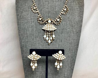 Vintage Milk Glass Necklace Earrings Matching Set Jewelry White Gold Tone Rhinestones White Glass Faux Pearl Dangle Fan Gift for Her Wife