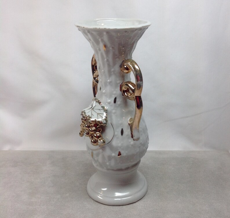 Vintage Ucagco While Gold Grape Leaves Double Handle Vase Etsy