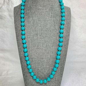 Vintage Teal Bead Necklace Jewelry Gold Tone Beads Turquoise Sea Green Sky Blue Color Resin Plastic Classic Classy Gift Her Wife Girlfriend
