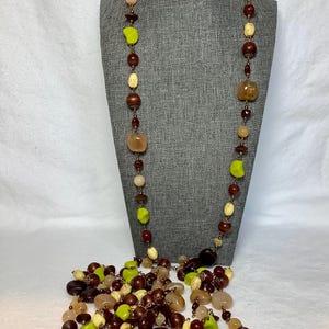 Vintage Wood Stone Glass Bead Joan Rivers Necklace Signed Designer Jewelry Extra Long Brown Green Beige Gold Tone Glamour Gift for Her Wife